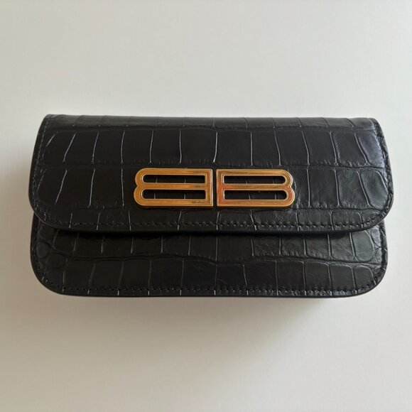 Balenciaga calfskin crocodile embossed gossip wallet on chain black - Picture 2 of 9